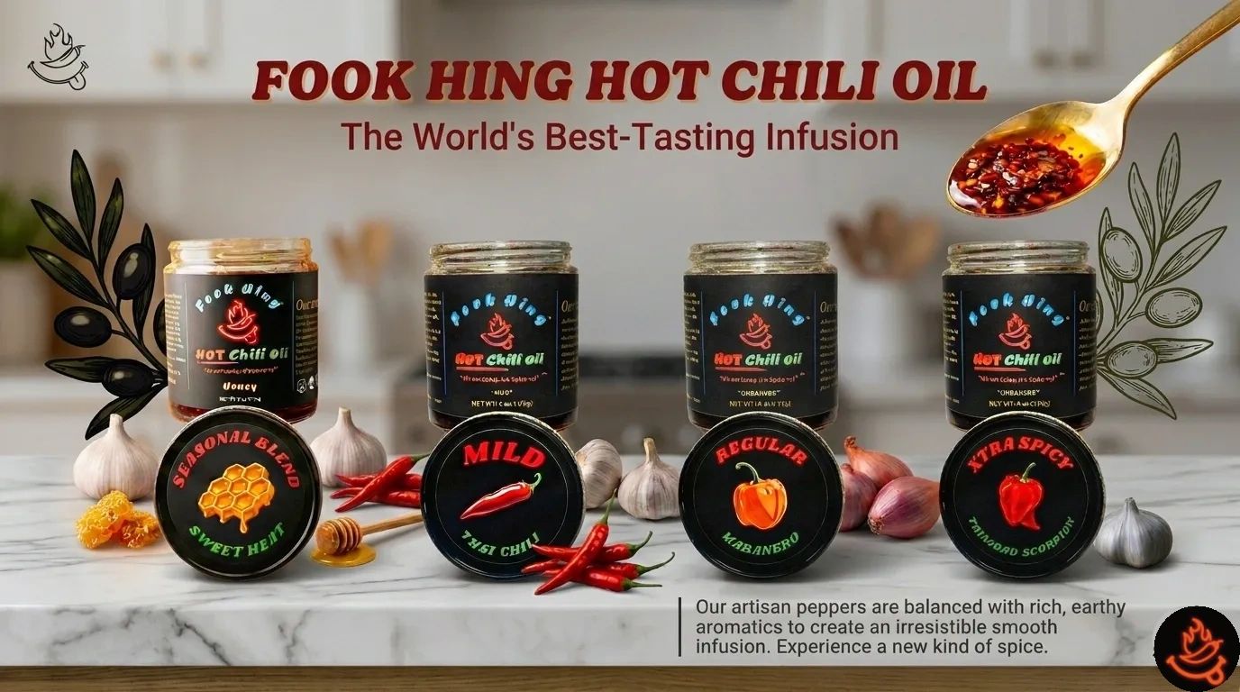 Four jars of Fook Hing Hot Chili Oil labeled with different spice levels on a marble countertop.