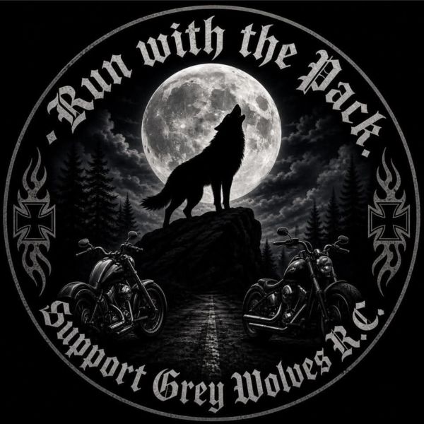 Wolf howling at the full moon with motorcycles and text.
