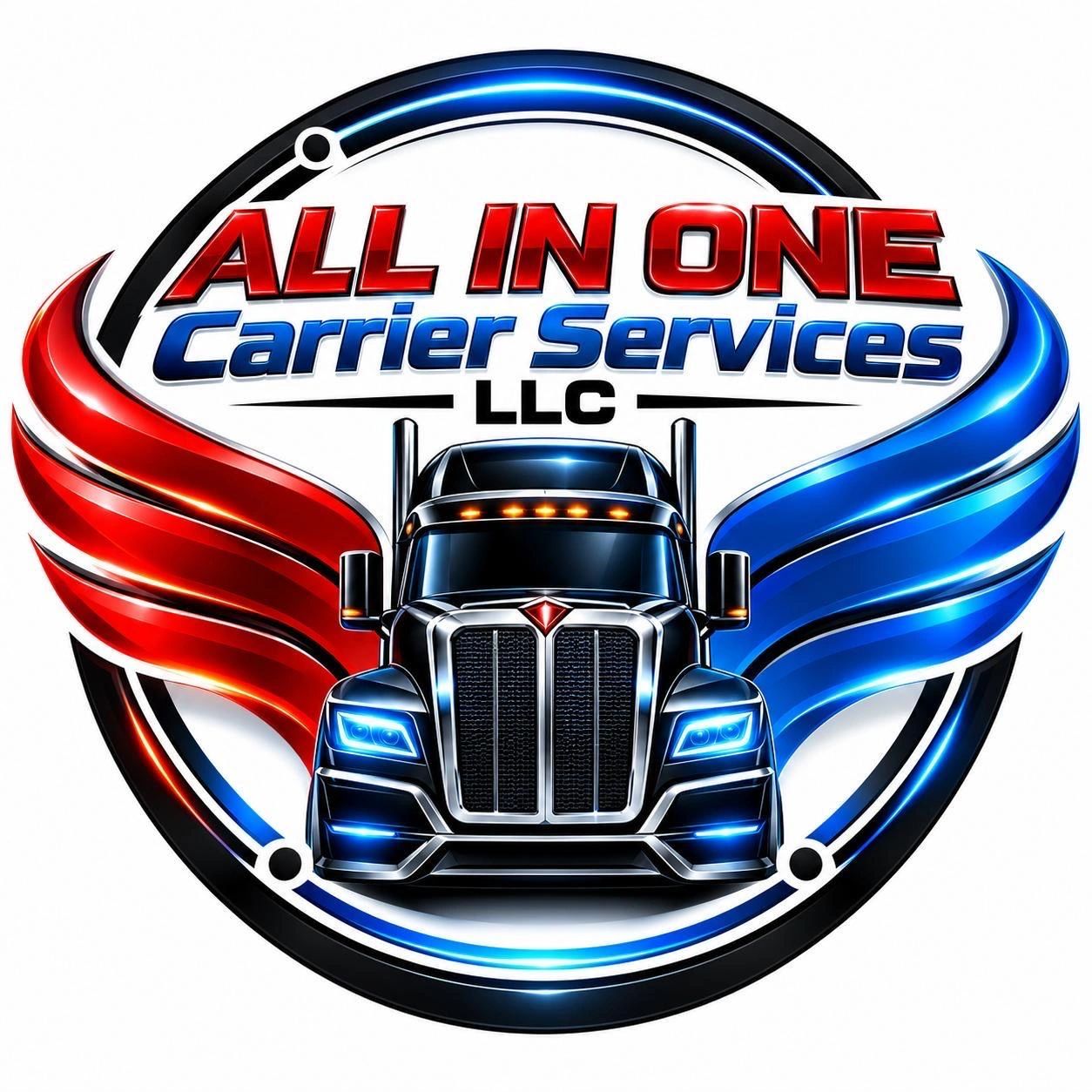 Logo colorido de All In One Carrier Services con camión y alas.