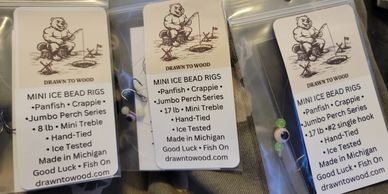 Mini ice bead rigs for panfish and jumbo perch from Drawn to Wood, hand-tied and ice tested.