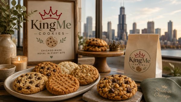 Assortment of King Me Cookies with Chicago skyline background.
