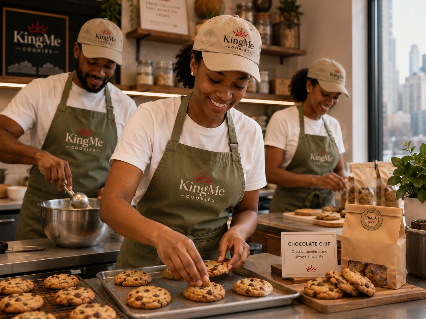 Three bakers preparing chocolate chip cookies at KingMe Cookies.