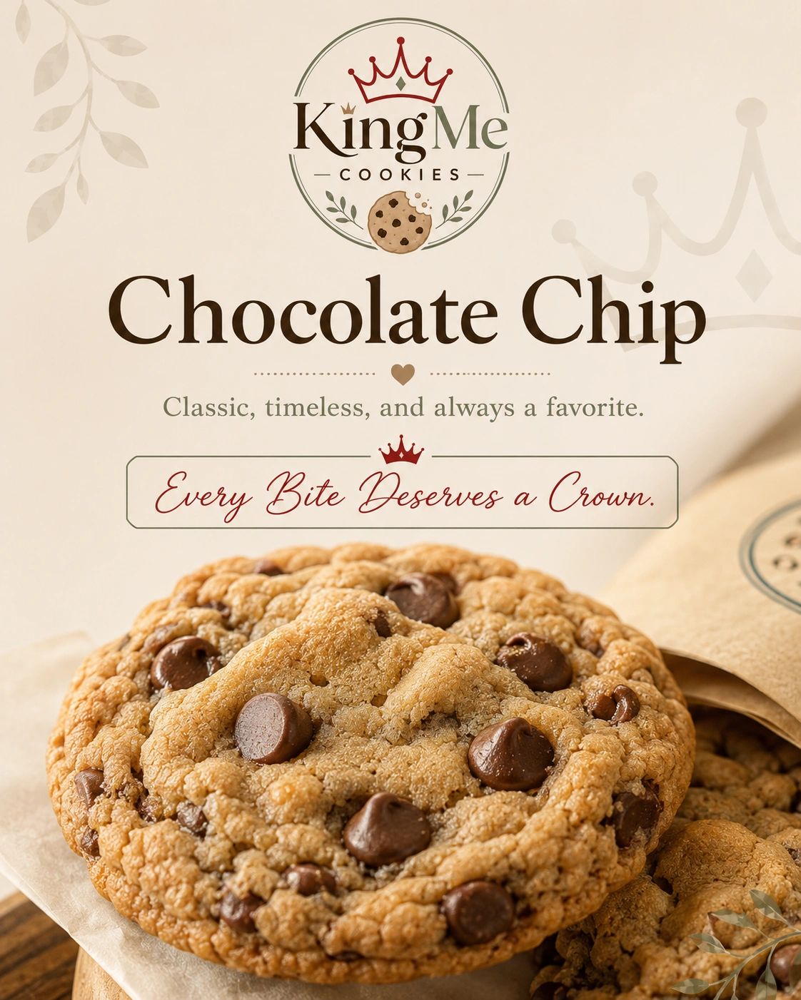 King Me Cookies chocolate chip cookies.