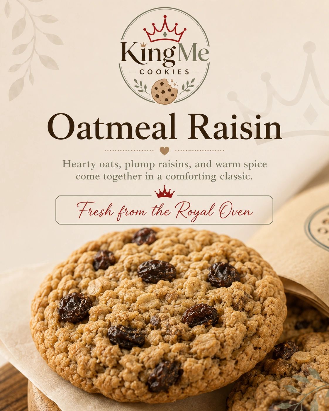 Oatmeal Raisin cookies with plump raisins and hearty oats.