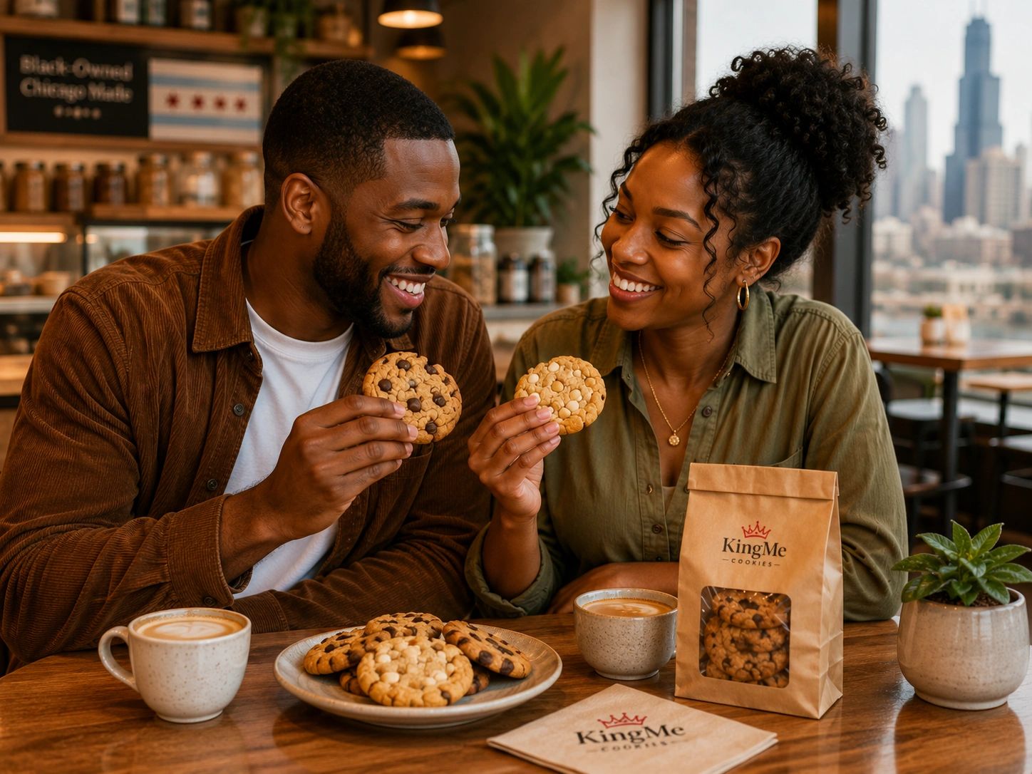 Couple enjoying cookies and coffee at a cafe.