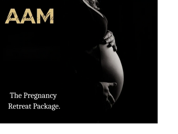 Pregnant woman cradling her belly with text promoting a pregnancy retreat package.
