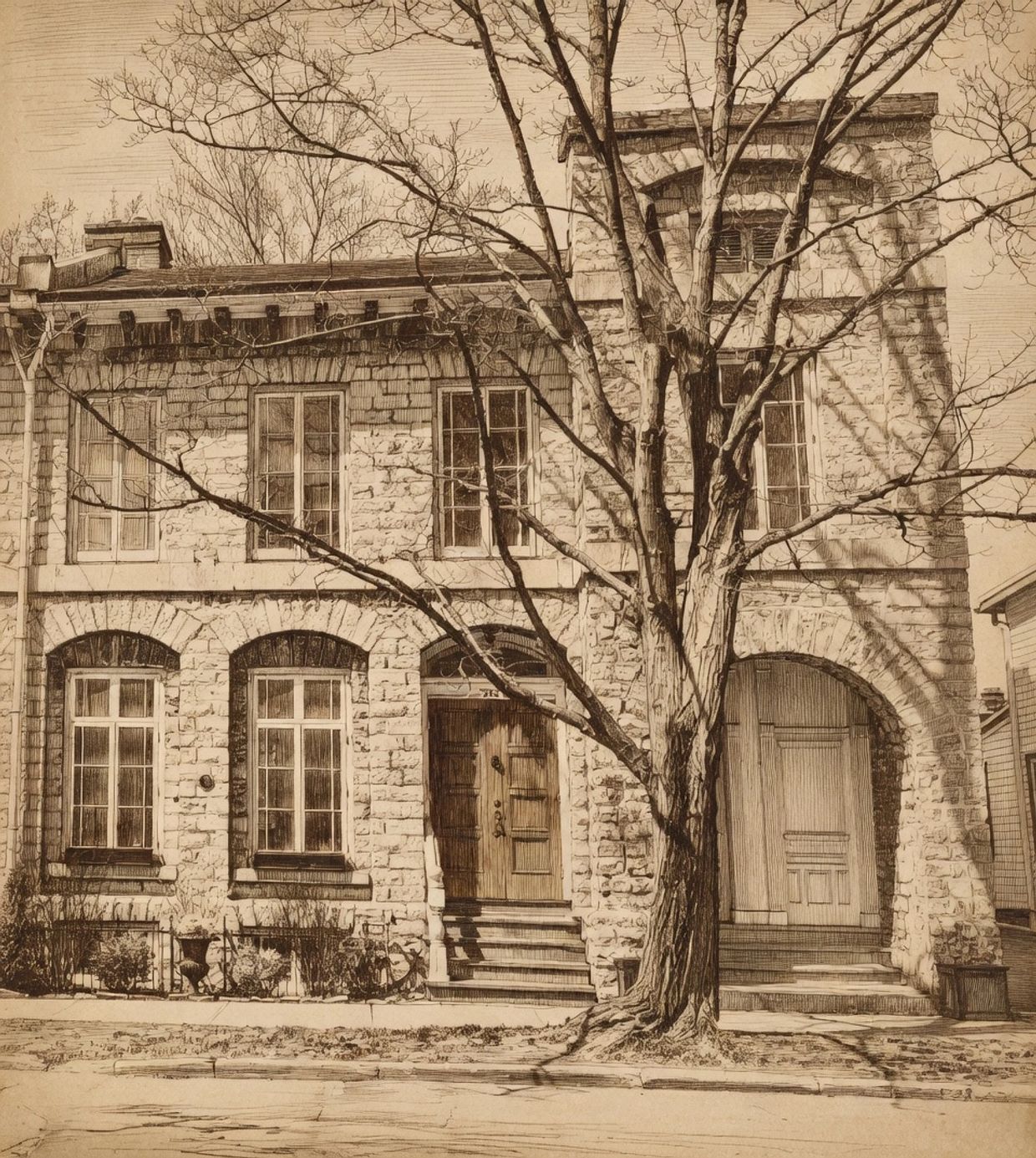Detailed sepia drawing of a stone building with a large tree in front.