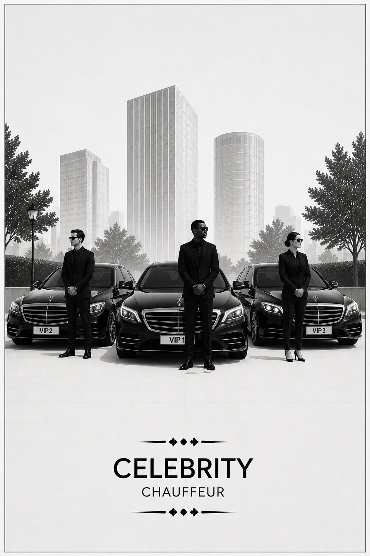 Three chauffeurs with luxury cars in city setting.