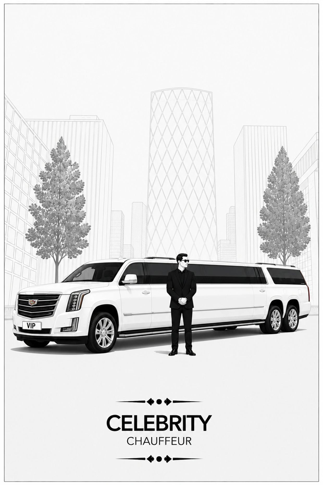 Luxury white limousine with a chauffeur in a cityscape.