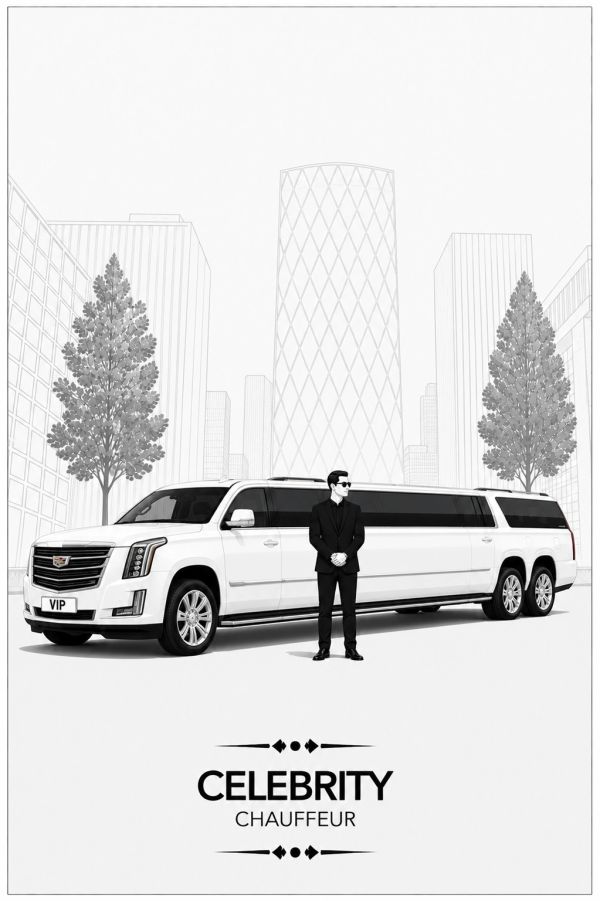 Luxury white limousine with a chauffeur in a cityscape.