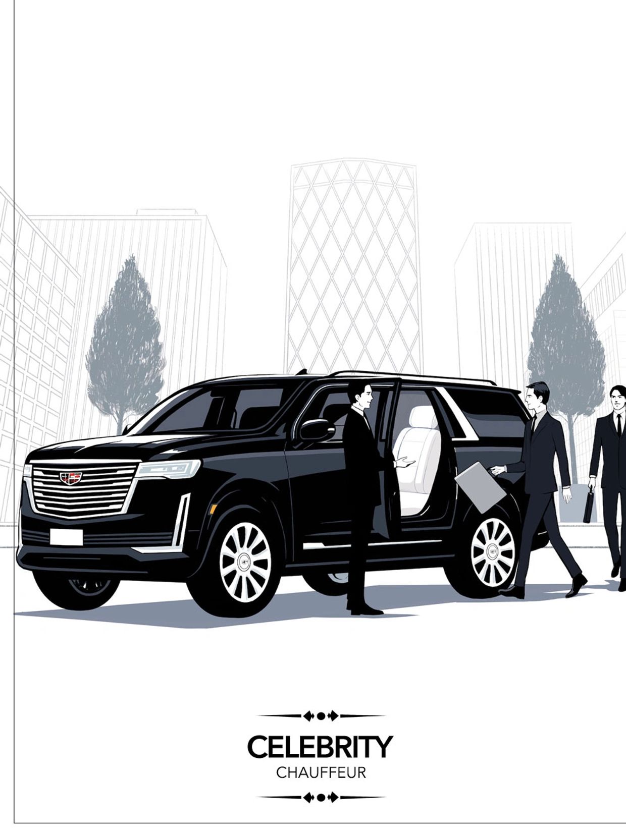 Luxury car with a chauffeur and business people.
