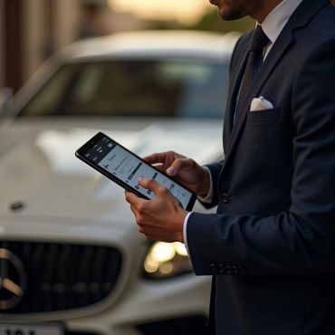 Man in suit using tablet near a white Mercedes car.
