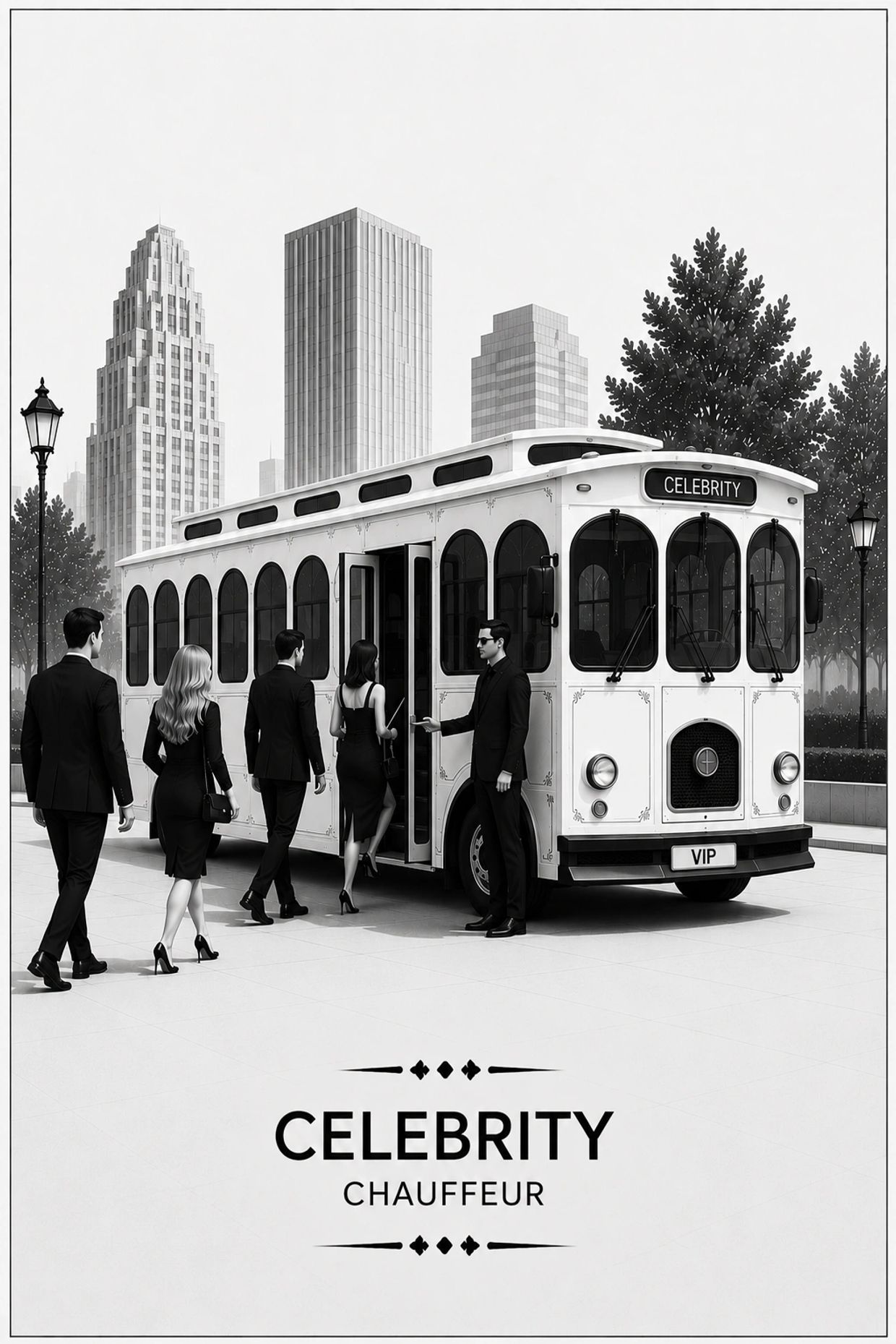 Well-dressed people boarding a luxury trolley labeled Celebrity VIP.