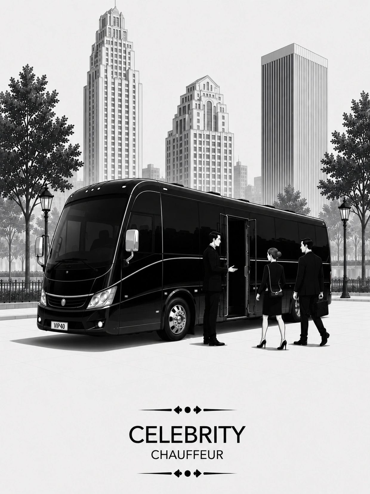 City chauffeur welcoming clients to a sleek black bus.