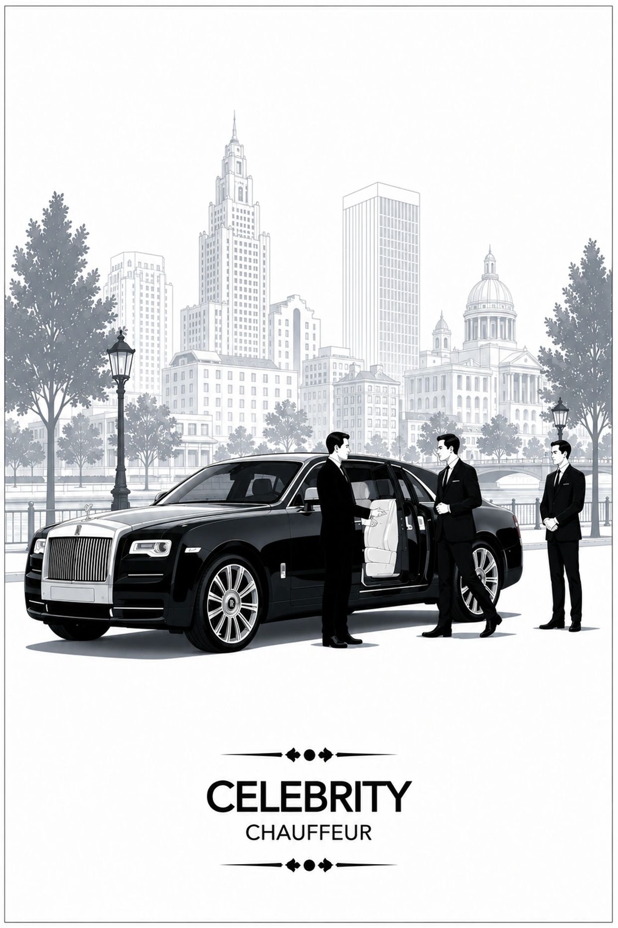 Three chauffeurs attending a luxury car in a city.