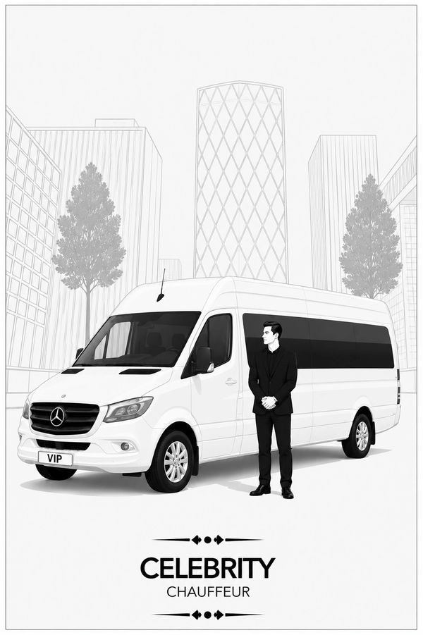 Elegant chauffeur stands next to a white VIP Mercedes van in the city.