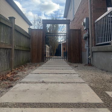walkway, stepping stone, fence, gate, landscaping