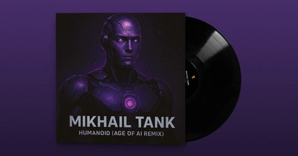 Vinyl record cover featuring a futuristic humanoid robot illustration with purple tones.