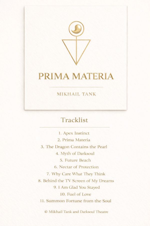 Elegant album cover and tracklist for Prima Materia by Mikhail Tank in gold lettering.