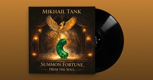 Vinyl record cover featuring a golden phoenix and a glowing green object, titled 'Summon Fortune From The Soul' by Mikhail Tank.