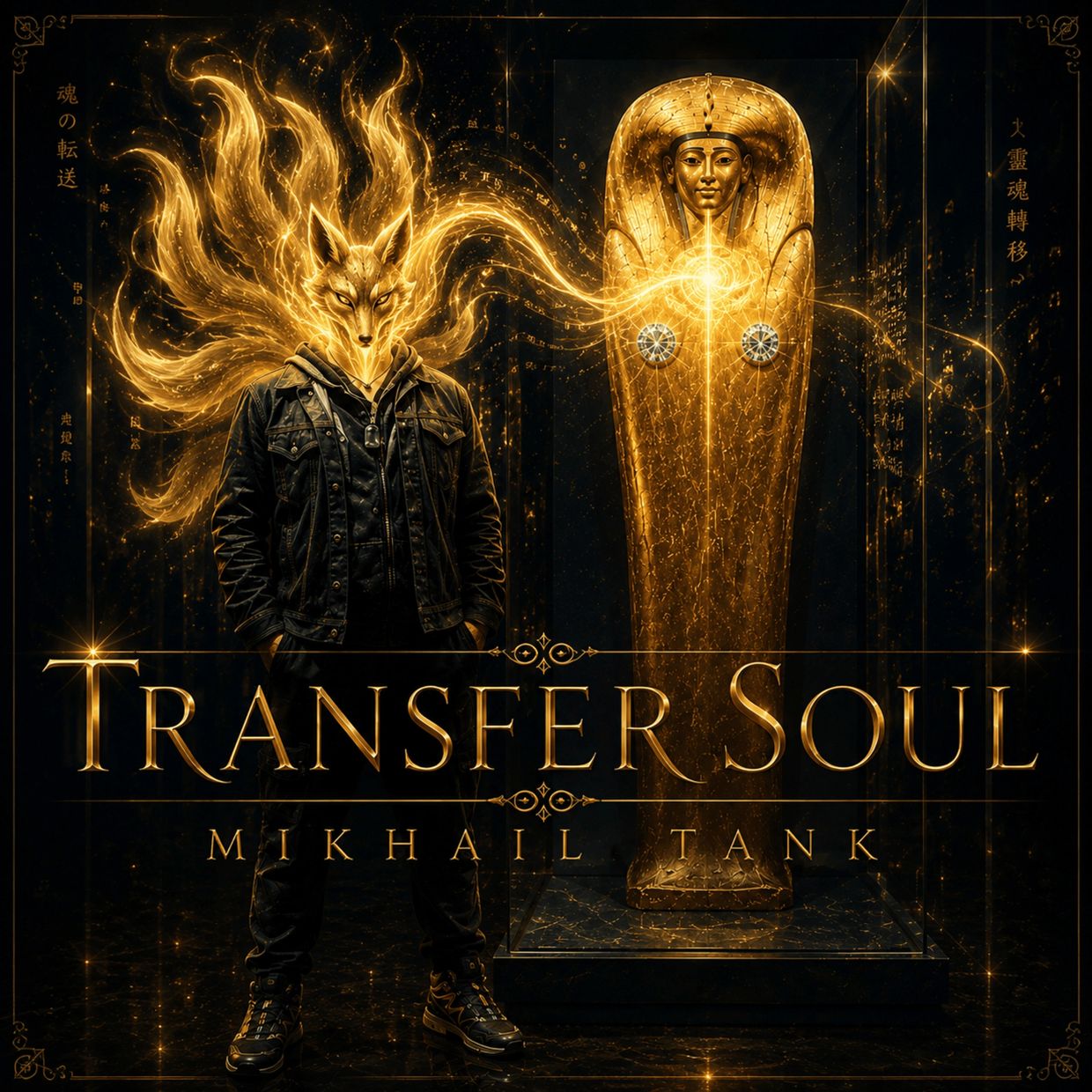 Golden fox spirit next to an ancient sarcophagus with glowing energy.