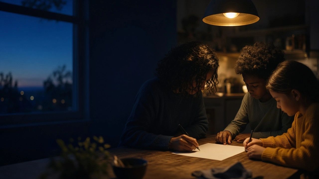 A woman and two children writing at a wooden table by lamplight in the evening