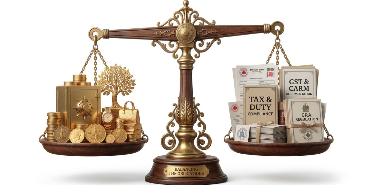 A gold and wood scale balancing money and valuables against tax and compliance documents.