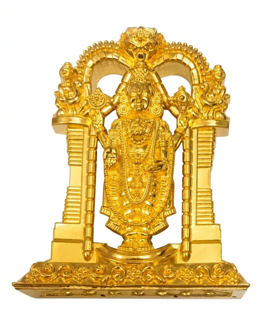 Golden statue of a deity with intricate details and decorative arch.
