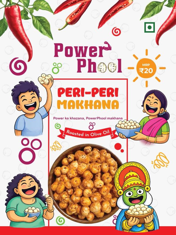 Colorful peri-peri makhana packaging with happy cartoon characters and chili peppers.