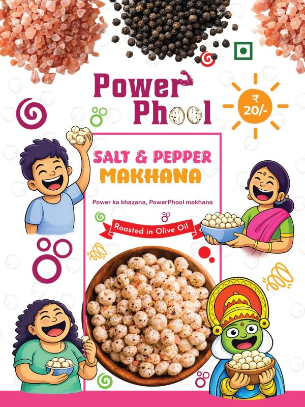 Colorful ad for Power Phool Salt &amp; Pepper Makhana, roasted in olive oil, with happy cartoon characters.