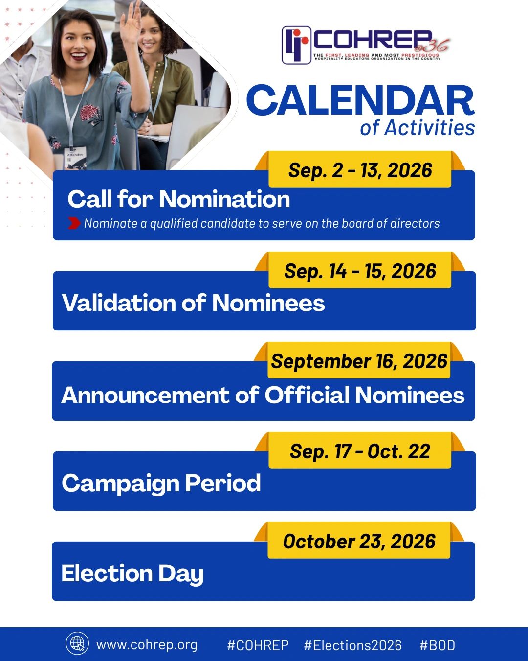COHREP 2026 election calendar and activities.