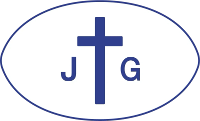 Blue cross with letters J and G inside an oval.