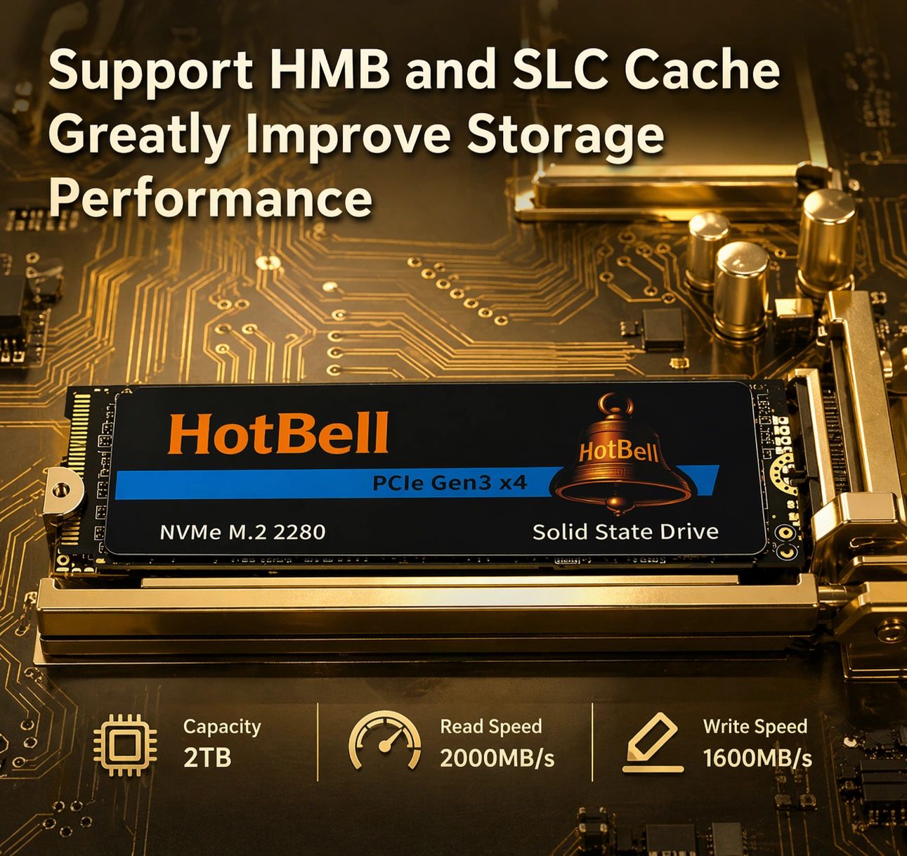 HotBell NVMe M.2 2280 SSD with 2TB capacity and fast read/write speeds.