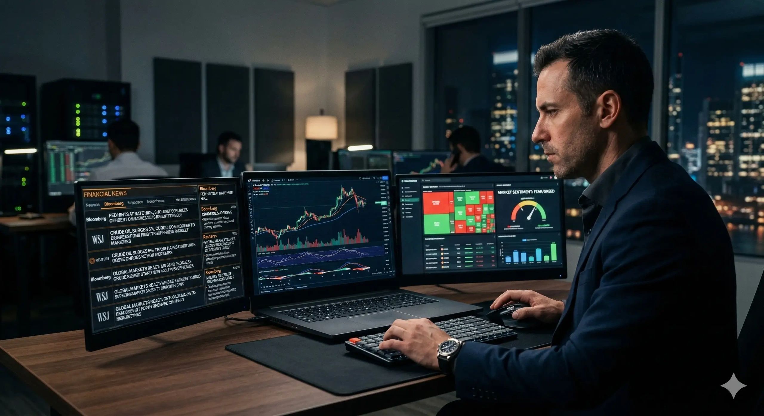 Man analyzing financial data on multiple screens in a modern office at night.