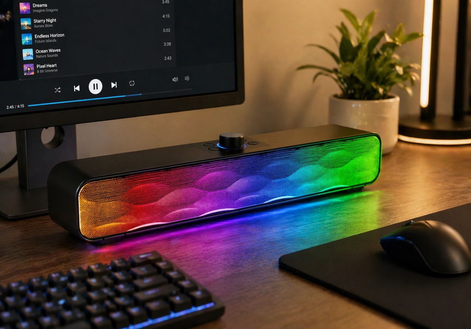 A colorful RGB speaker on a desk next to a keyboard and mouse.