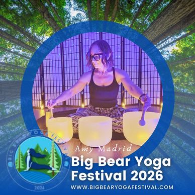 Amy Madrid playing singing bowls at Big Bear Yoga Festival 2026.