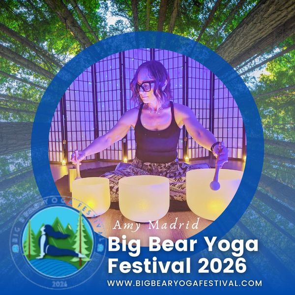 Amy Madrid playing singing bowls at Big Bear Yoga Festival 2026.