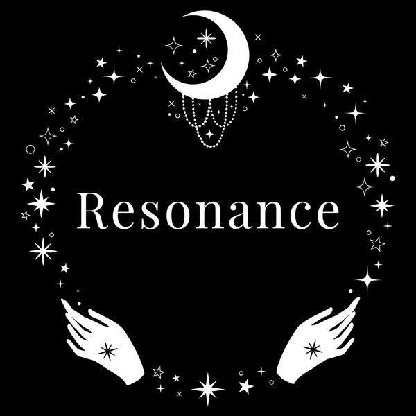 Mystical design with crescent moon, stars, and hands around the word 'Resonance'.