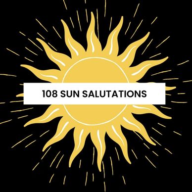 Yellow sun illustration with text '108 Sun Salutations' on black background.