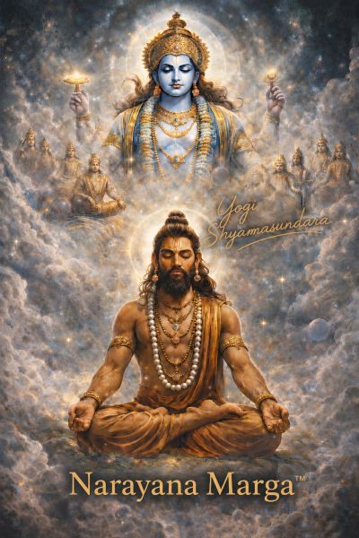 Meditating yogi with divine figure above, surrounded by spiritual energy.