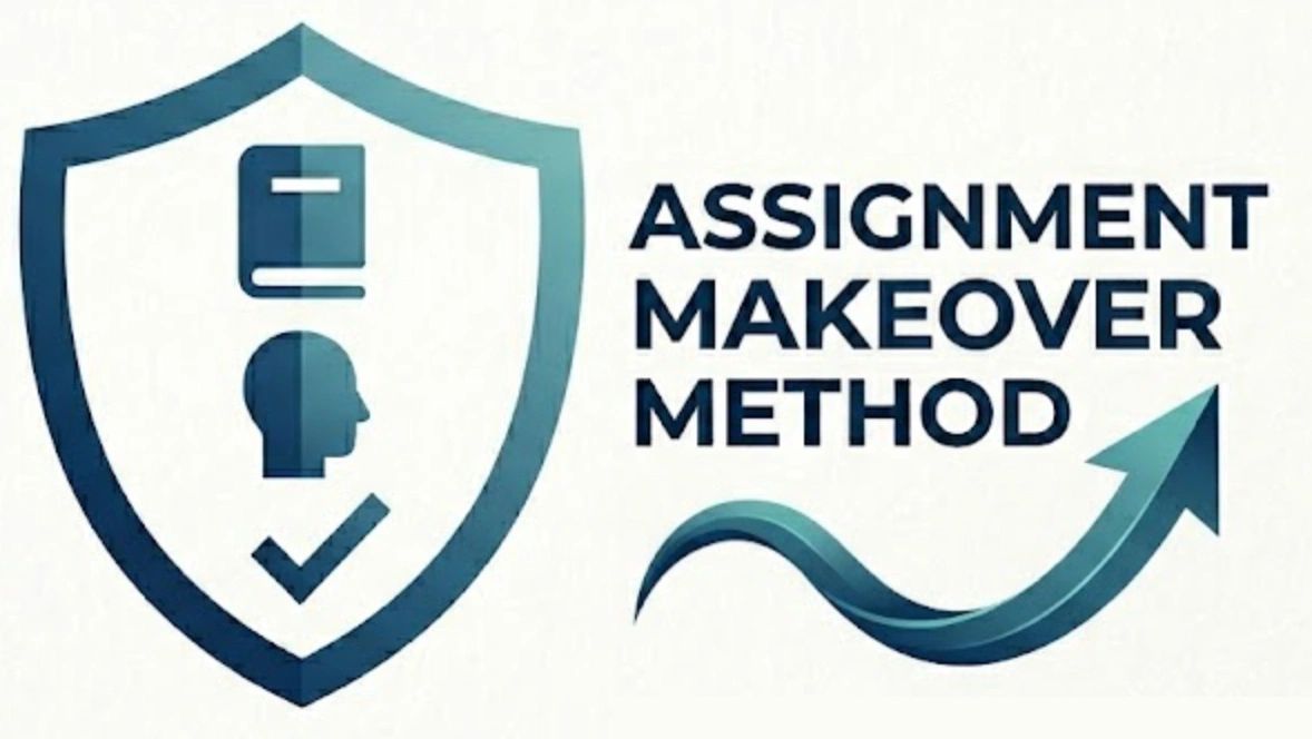 Logo for Assignment Makeover Method with shield and upward arrow.