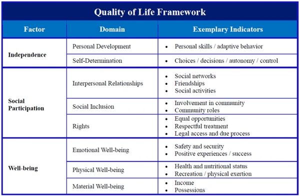 Table outlining the Quality of Life Framework with factors, domains, and indicators.