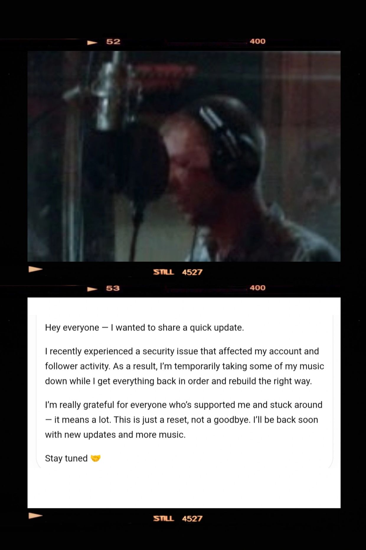 Artist shares update about temporary music removal due to security issue.