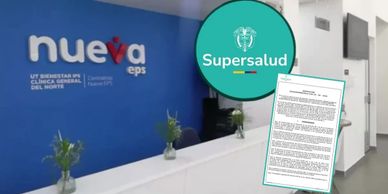 Reception area of Nueva EPS with Supersalud logo and a document overlay.
