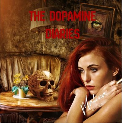 A woman with red hair and a skull on a table with 'The Dopamine Diaries' text.