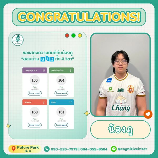 Student celebrates passing GED tests in all four subjects with high scores.