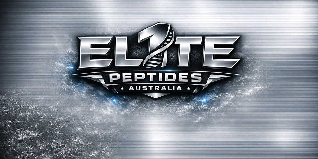 Metallic logo of Elite Peptides Australia with a DNA strand design.