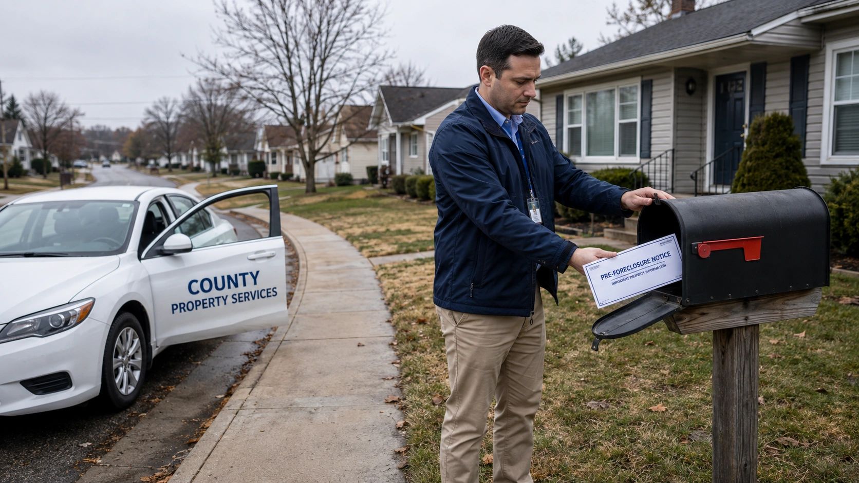 Man delivering a pre-foreclosure notice to a mailbox in a residential area.