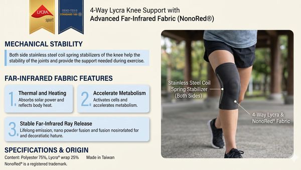 4-way Lycra knee support with stainless steel coil spring stabilizers for joint stability.