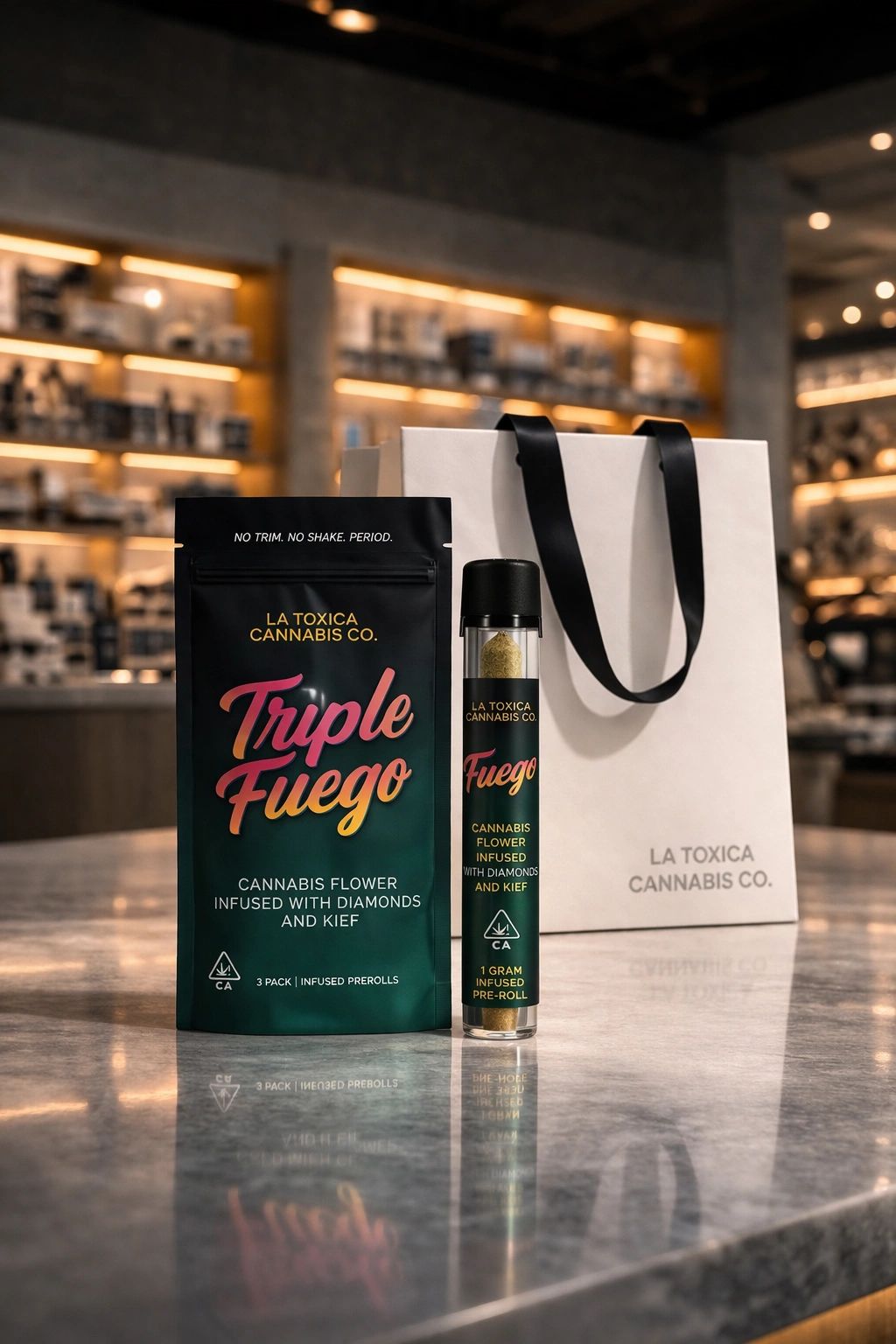 Cannabis product packaging from La Toxica Cannabis Co. displayed on a marble countertop.